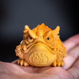 台灣熱銷黃楊木雕招財金蟾實木蟾蜍茶寵藝品手把件桌面擺件裝飾品, 黃楊木霸王招財金蟾約5公分