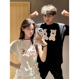 2025夏季超火情侶裝一長一短刺繡小狗t卹小眾高級感純棉短袖套裝, 刺繡款【1長1短】男黑長+女白短,男3XL+女XL