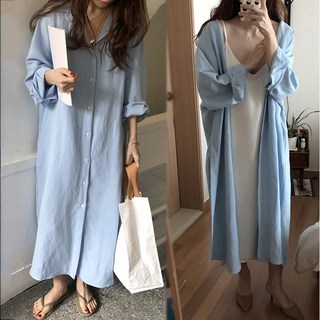 POMTOR 여성 여름 자외선 차단 가디건 바람막이 롱 셔츠형 원피스 빅 사이즈 오버핏 롱원피스