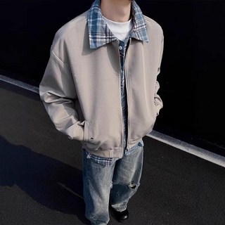 老錢風撞色拼接寬鬆翻領假兩件式棒球服外套，新款鞦季男女款夾剋上衣