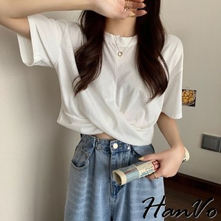 HanVo 簡約扭結設計短版T恤 韓版休閒顯瘦圓領短袖上衣 韓國簡約時尚T恤 韓系女裝 A01-1284