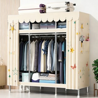 [시스슈] 조립식 3단 이동식 행거 시스템 강화 철제 프레임 | 대용량 하단 수납공간 & 먼지방지 커튼 장착간이옷장 합금 조립식옷장 비키니 옷장, 베이지색