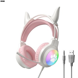 DFMEI 新款鹿耳電競吃雞耳麥RGB有線頭戴式臺式電腦耳機遊戲PS5專用, SY-G50粉色魔PS5發光耳機, 如圖