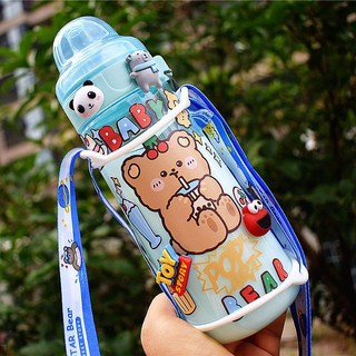 防摔成人奶瓶水壺-學生少女心便攜水杯, 防摔藍奶瓶+配飾+隨機貼畫+雙圈背帶, 1個