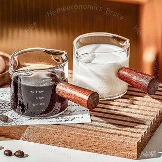 玻璃咖啡量杯 意式濃縮刻度盎司杯 木柄小奶盅, 1個, 【單個裝】HEISOU燙破包賠【紅檀木柄,【單嘴雙刻】100ml直身奶盅
