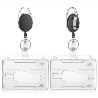 [매일마켓] 폴리카보네이드소재 내구성 뛰어난 투명하드 듀얼 카드홀더 + 릴 스트랩 분실방지 (학생증/사원증/교통카드/아파트출입카드/어르신신용카드분실방지), 2개, 가로