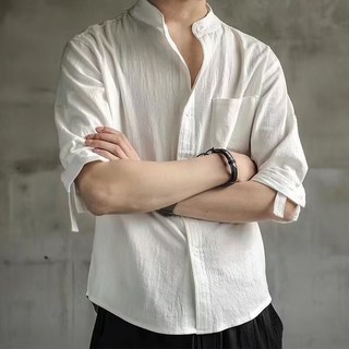 日系復古立領短袖襯衫男款秋季潮牌感雅痞男裝襯衣大碼七分袖