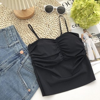 【Fee現貨6色】冰絲桃心背心，抓皺設計，肩帶可調，固定罩杯，無袖上衣，打底背心，細肩吊帶