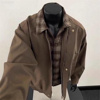 美式假兩件棕色外套男春秋穿搭套裝哈靈頓夾克設計感棒球服夾克