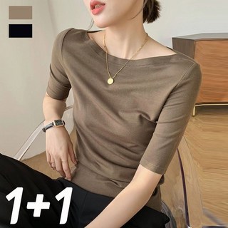 JUSTFEELING 2장세트(1+1) 입술넥 얇은 일자 어깨 5부소매 이너티 모달티 패션 여성의류 부드러운 쫄티