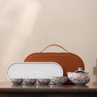 전통찻잔 휴대용 여행용 차 세트 세라믹 블루 앤 화이트 유 공푸 브루잉 포트 세 개의 컵 포함 야외용 내열성, 4)꽃병 자수 냄비 1개와 컵 4개  차 트레이