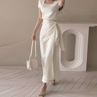 떳다그녀 럭시 매듭 리본 언발 사이드 랩치마 하객룩 데이트룩 로맨틱 봄 가을 스판 롱스커트