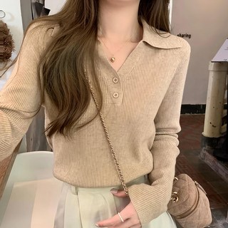 翻領小V領鈕扣長袖打底衫, 肩寬37cm 胸寬40cm 袖長49cm 全長52cm, 駝色