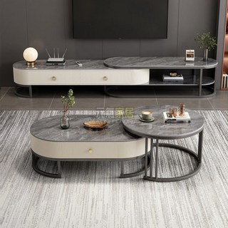 茶几電視櫃家用客廳最新款軟包輕奢組閤餐桌兩用組閤茶幾桌子, 1個, 土豪金架+灰體丨單層雪花白+雪花白,70CM搭配100CM