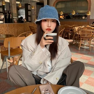 可愛帽子 水洗牛仔漁夫帽 百搭做舊藍色水桶帽