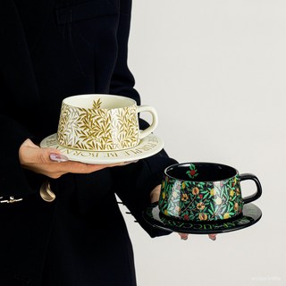 中古風咖啡杯碟套裝 高級感陶瓷拿鐵杯 臺灣出貨 交換禮物推薦, 黑色碎花杯碟【禮盒裝】,201-300ml, 1個