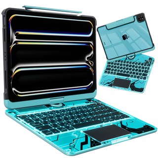AITEWO 아이패드 키보드 케이스 일체형 360도 회전 다각도 조절 투명 케이스 트랙패드 세트 펜슬수납 한국어 매직키보드 에어/프로 10.9/11/12.9/13인치 호환, 투명 블루, 1개