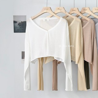 Fee現貨8色超Q捲邊針織上衣 短版透膚長袖罩衫 排釦小外套 女上衣 女生夏裝 韓系夏天, 現貨-白色F