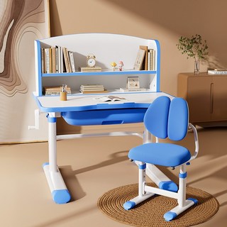 頂級配置手搖升降成長書桌椅組：兒童書桌、學習桌、電腦桌、學生桌椅，現貨供應, 經典藍色桌椅(書架+追背), 藍色