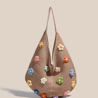 鏤空編織包 女大容量 夏天度假風 花朵沙灘包 2025新款, 1個, 卡其色（十五朵小花顏色隨機）