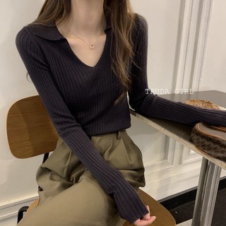 《杜達女孩》閉眼入手款翻領坑條包心紗長袖上衣 POLO翻領針織上衣 V領女