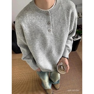 臺灣發貨美式復古亨利領毛衣男秋冬季慵懶高級寬鬆長袖男士內搭打底針織衫