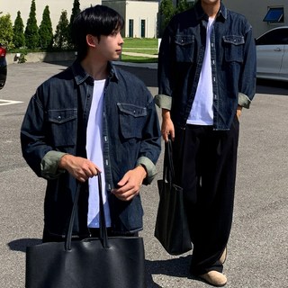 남자 남성 고퀄리티 루즈 오버핏 입체 포켓 청 데님 긴팔 남방 셔츠