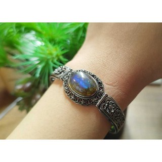 七彩極光 拉長石 合金雕花手環 可以微調整手圍