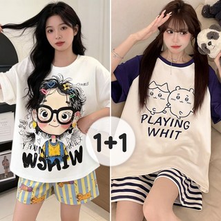 Flyaiku 1+1 여자 잠옷세트 큐트 캐릭터 반팔 반바지 여름 홈웨어 상하세트