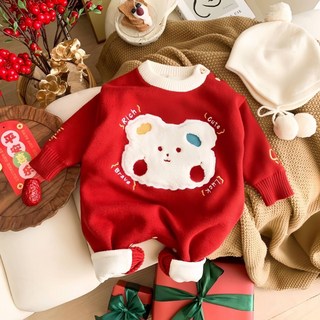 新年款寶寶小熊造型連身衣 紅色喜慶嬰幼兒服裝 舒適保暖過年必備