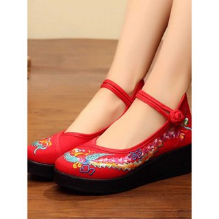 자수 신발 트로트 전통 댄스화 플랫 발레 장구 슈즈 전통, 1개, 33 XGaohua9 레드