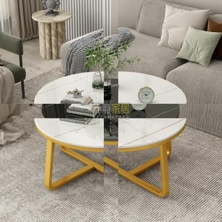 簡約現代巖板圓形茶幾客廳家用輕奢意式陽臺小戶型圓茶桌網紅ins茶几 大茶几 小茶几 書桌 邊幾, 1個, 啞光直徑50雪山白+黑架,組裝