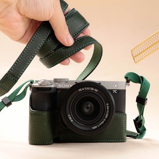 質寶 Sony 索尼 a7cr 相機包 a7C2 相機套 保護套 底座 皮套 相機皮套 保護貼, 1個, A7C2/A7CR【短款 頭層皮】綠色+