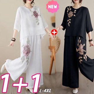 YLEMI 1+1 여름 봄 빅 사이즈 여성복 면 마 자수 풀오버+ 와이드 캐주얼 스타일 팬츠 2P