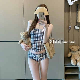 網紅方圓同款格子比基尼三件套溫泉度假風泳衣女, 格子+三角巾,m