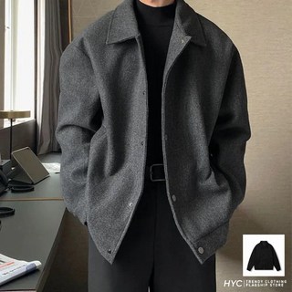 HYC 歐巴款 毛呢翻領夾克 外套 素面 排扣 寬鬆 百搭