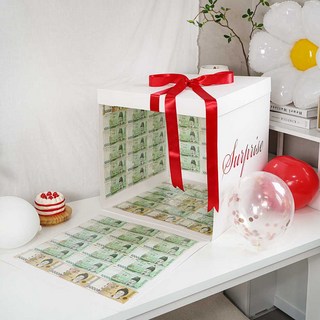 차렌시아 서프라이즈 반전 용돈 상자 50x50x50cm 대형 박스 + 지폐opp 100장 봉투 현금 이벤트 (양면테이프 포함), 화이트박스
