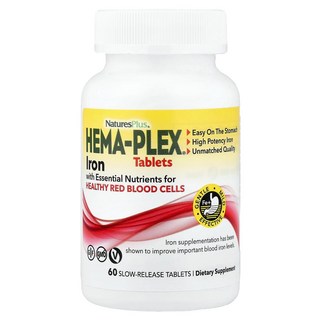 NaturesPlus Hema-Plex 건강한 적혈구를 위한 필수 영양소가 함유된 철분 서방정 60정, 1개
