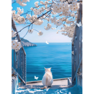 푸른 바다 벚꽃 고양이 우드 조각퍼즐 봄날 검은/하얀 야웅이 푸른 하늘 꽃 풍경화 북유럽 감성 그림퍼즐 300 500 700 1000피스, 선택13-푸른바다 벚꽃 아래 하얀 고양이, 1개