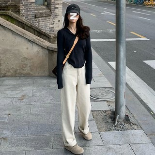 하이웨이스트 슬림핏 데님 와이드 일자 팬츠 루즈핏 크림진