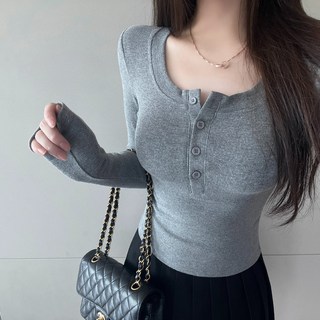 Ruby 秋冬純欲風螺紋亨利衫：正肩顯瘦長袖T恤，性感大圓領打底衫