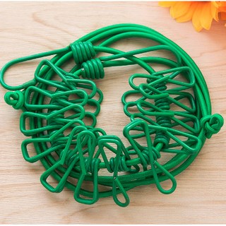 《台灣現貨》戶外野營 防滑晾衣繩 彈力曬衣夾12入 套組 掛物繩 旅行居家 戶外活動 登山露營 野外休閒, 1個, 綠色, 綠色