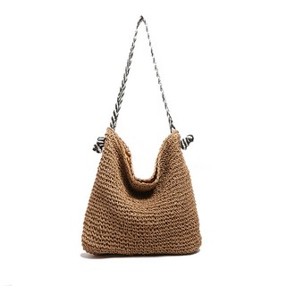 質樸風格黑白織帶草編肩背包 簡約時尚編織包 大容量A4可入 輕便側背包 兩色可選