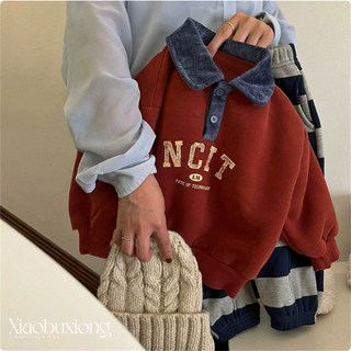 韓國童裝男童加絨衛衣 翻領兒童上衣 聖誕節風紅色