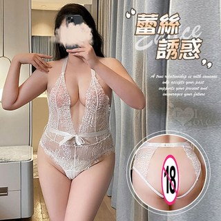 棉花糖女孩 大尺碼情趣連身衣！綁脖裸背Ｖ字美胸透膚雙線開襠連身裝