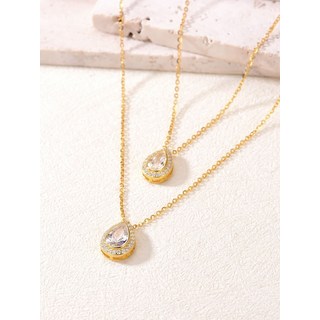 S925純銀鍍18K金淚滴鋯石雙層項鍊，簡約優雅不易過敏，質感項鍊送禮首選