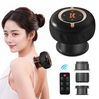 smabat 신형 스마트 괄사 마사지기 흡착식 전신 목 어깨 안마기 12단계 흡입력 온열 리모컨 캡 3개 교체, 블랙