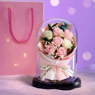 루카스 유리돔 기념일선물꽃다발 인테리어무드등, 핑크장미 무드등