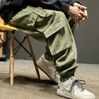 工裝褲男美式潮牌寬鬆休閒多口袋軍綠色束腳褲秋季潮流復古傘兵褲