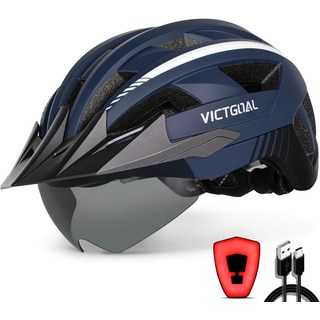 자전거 헬멧 도로 전동 킥보드 VICTGOAL USB 충전식 리어 라이트 분리형 마그네틱 고글 탈착식 선바이저 마운틴 남성용 여성용 성인 2100012, XL: 59-63 cm, Navy Blue